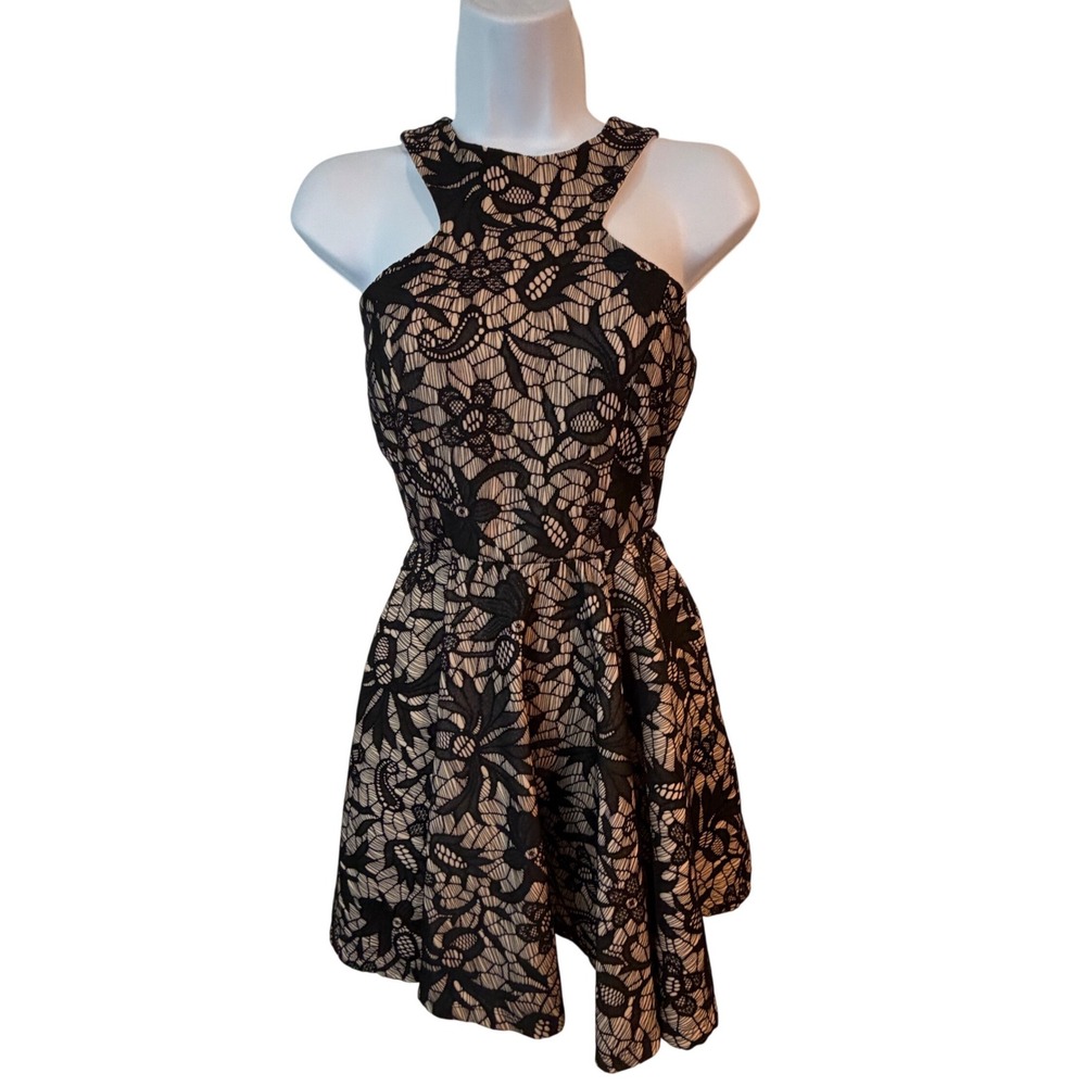 Windsor Black Floral Lace Halter Neck Skater Dress Nude Lining‎ Back Cutout Mini
